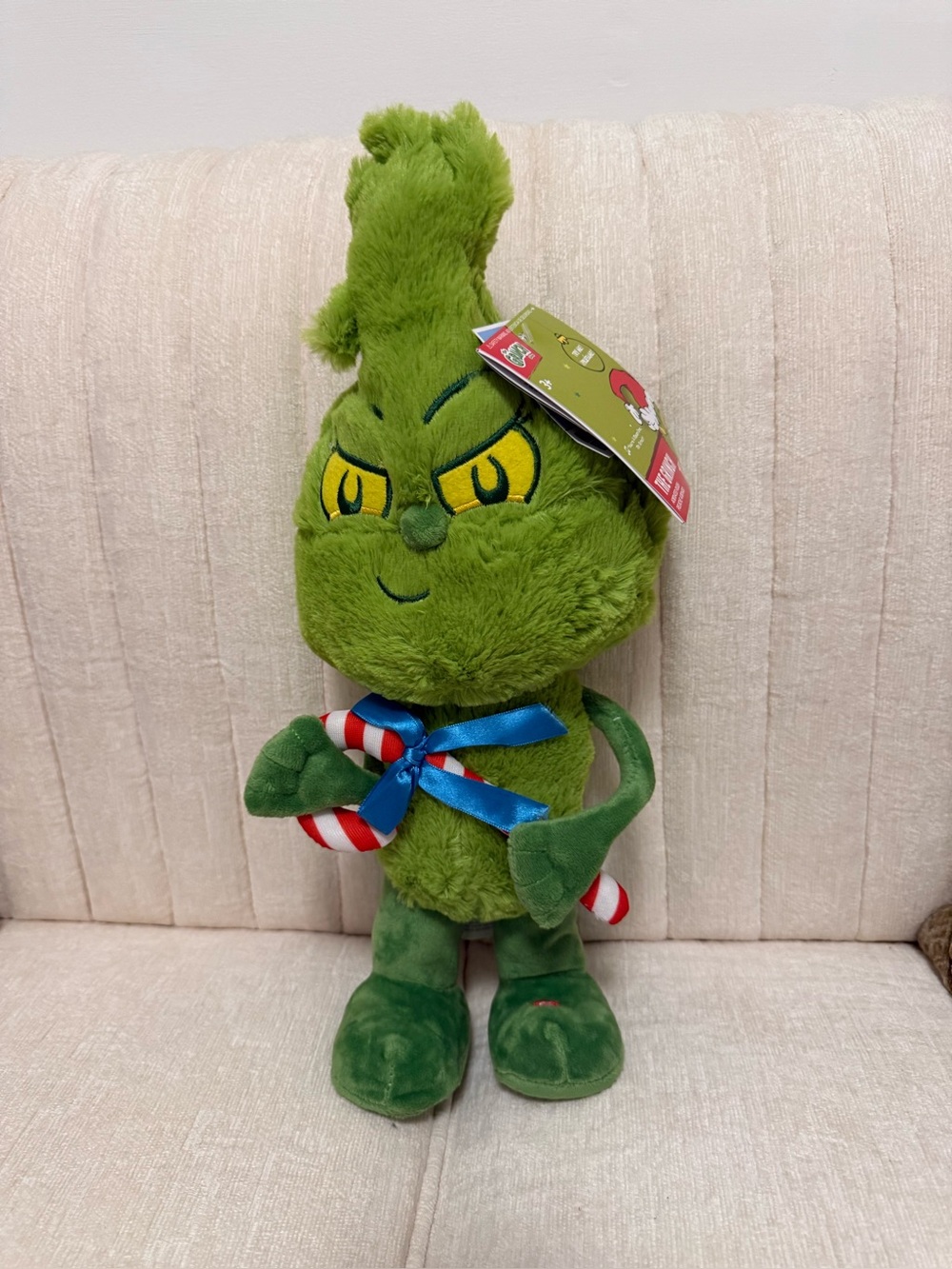Grinch Holiday Plush with Candy Cane and Blue Ribbon - Green